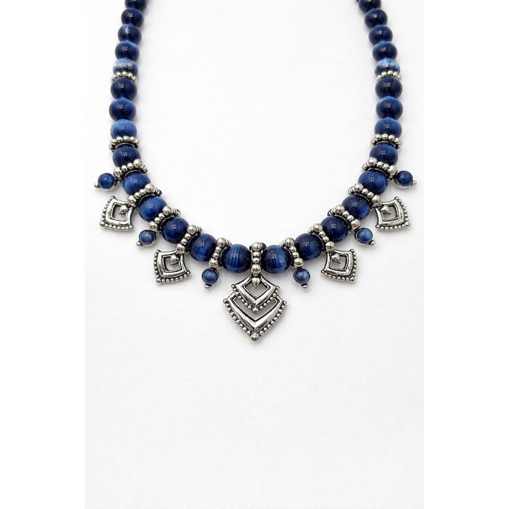 Blue Cat Eye Beaded Statement Necklace Silver Tone Dangle Boho Tribal Style